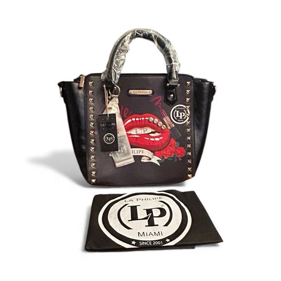 La Philipe Miami Studded Satchel Handbag Black Red Lips Rose Rocker Glam NWT - Picture 1 of 5